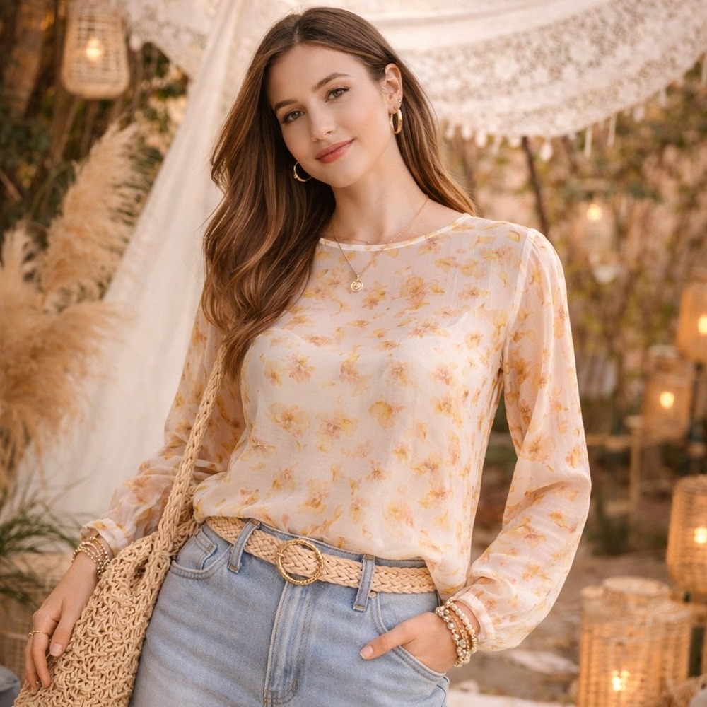 Vince‎ Yellow Floral  Chiffon Sheer Long Sleeve Blouse Top Womens Large
